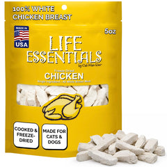 Life Essentials by Cat-Man-Doo freeze-dried chicken 5oz bag for dogs and cats, protein-rich treat.