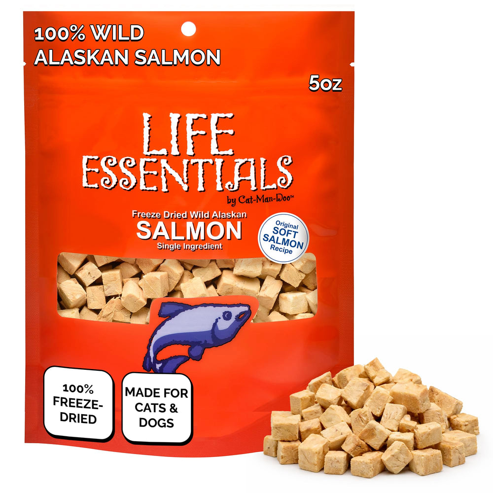Life Essentials by Cat-Man-Doo salmon freeze-dried 5oz bag front view with high-protein appeal