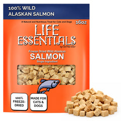 Life Essentials by Cat-Man-Doo salmon freeze-dried treatsâfront-view bag shows high-protein reward.