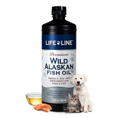 Life Line Pet Nutrition Wild Alaskan Fish Oil bottle for dogs and cats supports a shiny coat.