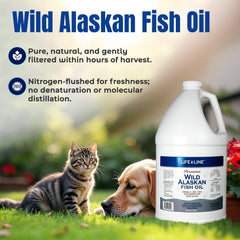 Pouring Life Line Fish Oil from the bottle into pet meals for easy mixing