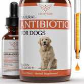 Life of Health natural dog antibiotics bottle and pour for easy dosing.