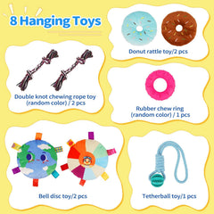Liitrton Puppy Play Gym with elastic rope ties adjusts toy height.
