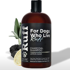 Lillian Ruff activated charcoal shampoo bottle showing deep clean action and detoxifying charcoal benefits
