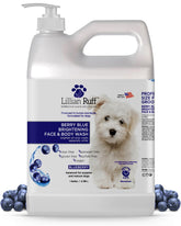 Lillian Ruff Berry Blue Brightening Shampoo bottle showing rich lather for bright whites.
