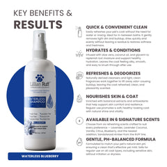 Lillian Ruff product used on dog coat before and after deodorizing and softening
