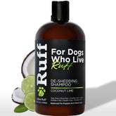 Lillian Ruff Deshedding Shampoo bottle with coconut lime scent reduces loose fur.