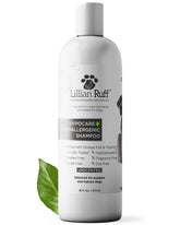 Lillian Ruff HypoCare Plus Oatmeal Dog Shampoo bottle showing fragrance-free formula for sensitive skin.