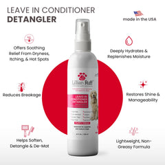 Lillian Ruff detangler spray in action on coat for easier grooming.