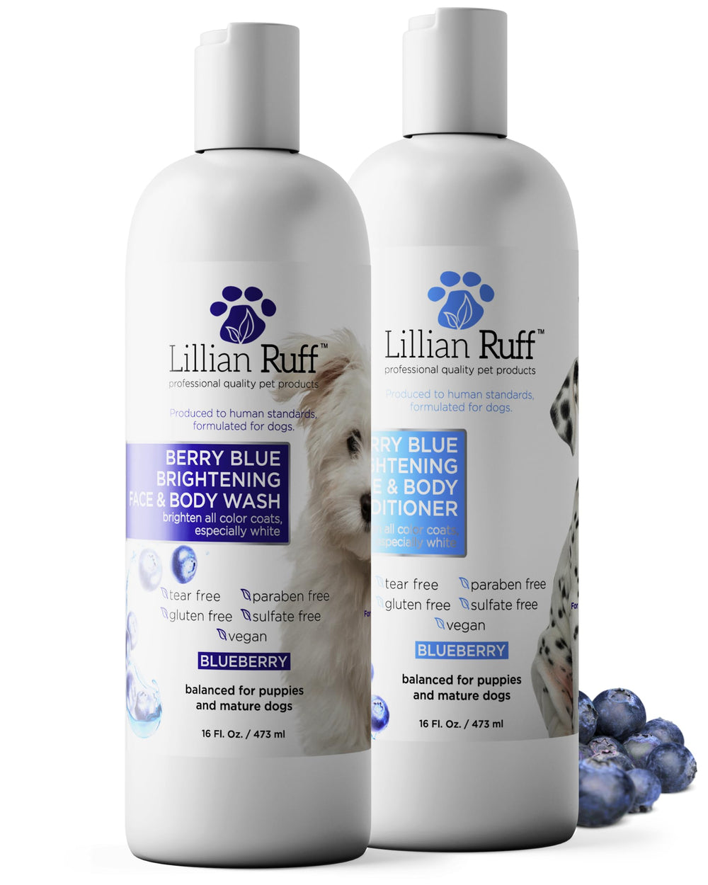 Lillian Ruff PRO Berry Blue Brightening Shampoo bottle showing whitening potential and hydration for a gleaming coat.