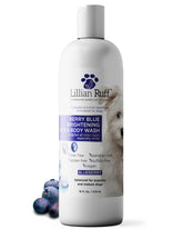 Lillian Ruff Pro Berry Blue Shampoo bottle glowing with brightening for white fur.