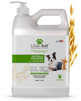 Lillian Ruff Pro Formula Oatmeal Dog Shampoo bottle pour for gentle cleansing and soothing hydration.