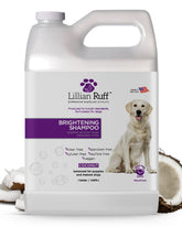 Lillian Ruff Pro Formula Ultra Brightening Shampoo bottle brightens all coat colors.