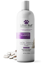Lillian Ruff Pro Formula Ultra Brightening shampoo bottle highlighting whitening and odor control for dogs.