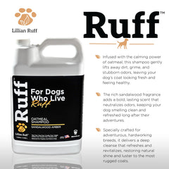 Lillian Ruff Ruff Oatmeal Dog Shampoo pump dispenser emphasizes convenient gallon with pump
