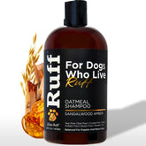Lillian Ruff RUFF Oatmeal Shampoo bottle with sandalwood-amber scent for lasting freshness.