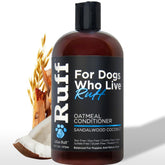 Lillian Ruff sandalwood coconut oatmeal conditioner bottle highlights soothing moisture for dry skin.