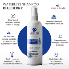 Lillian Ruff blueberry spray being applied to a dog's coat for quick grooming