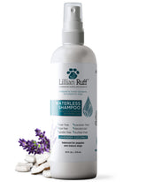 Lillian Ruff waterless dry shampoo spray applied to a dog’s coat for quick refresh