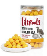 LILSNOOTS freeze-dried quail egg yolk treat bottle shows pure, single-ingredient snack for dogs and cats.