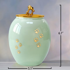 LINES ARTE medium pet urn for cats holds ashes with elegant paw prints detail.