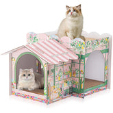 Lineshading two-story cardboard cat house front view showcases sturdy multi-level design.