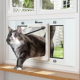 Linvivon cat door window insert close-up with magnetic closure for quick, secure access.