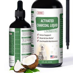 Liovsiso Activated Charcoal for Dogs bottle pour demonstrates quick absorption for GI support