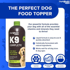 LIQUIDHEALTH K9 Complete bottle-pour demonstrates easy daily dosing for dogs.