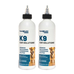 LIQUIDHEALTH K9 Ear Cleaner bottle and cotton ball for after-swim ear care.