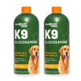 LIQUIDHEALTH K9 glucosamine bottle pour highlighting easy dosing for dogs' joint support.