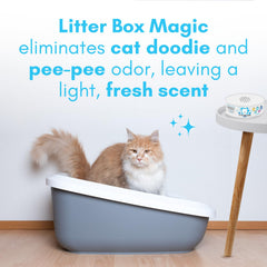 Litter Box Magic jar label close-up highlights natural odor blocking ingredients.