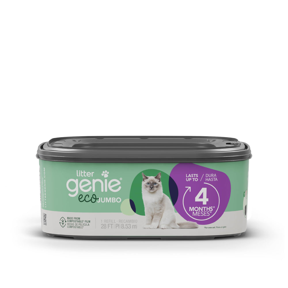 Litter Genie Eco Jumbo refill bags in view, showcasing eco-friendly waste management.