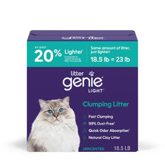 Litter Genie Light unscented litter packaging shown for 18.5 lb, easy to store.