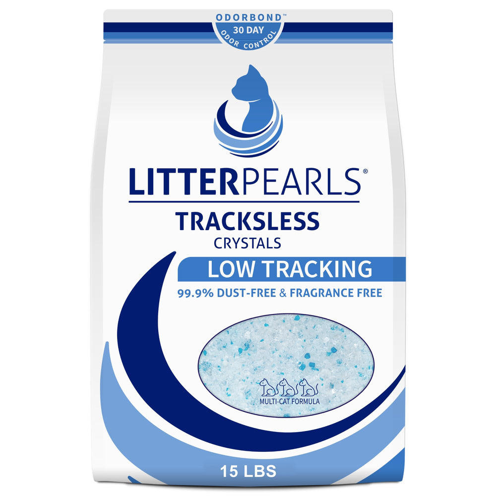 Litter Pearls Tracksless crystal litter being poured, highlighting low-dust formula and odor control