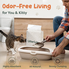 LitterLux Tofu Cat Litter dust-free formula keeps floors cleaner and paws happier.