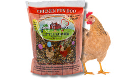 LITTLE FARMER Chicken Fun-DOO bag close-up showing non-GMO, soy-free formula for backyard chickens.