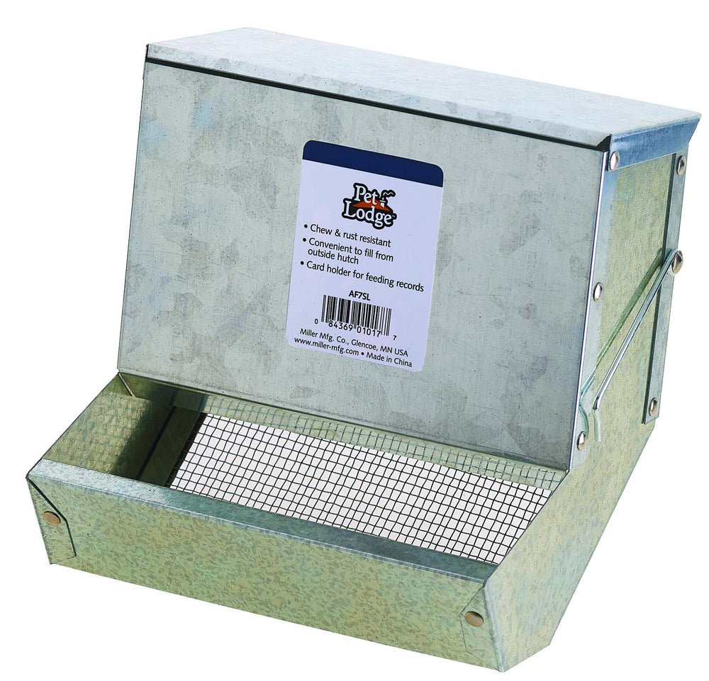 Little Giant Pet Lodge feeder with lid and sifter bottom for clean, portion-controlled feeding.