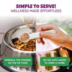 Lively Tails powder easily sprinkled into dog meals for convenience.