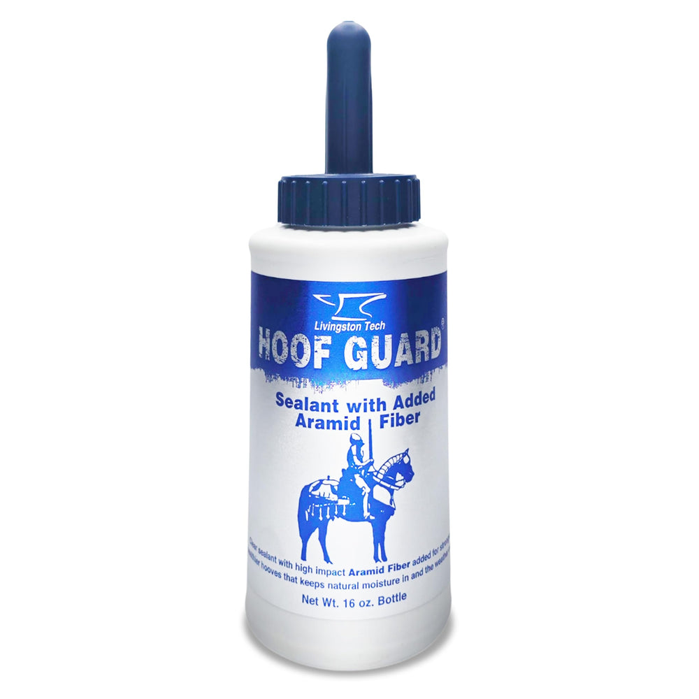 Livingston Tech Hoof Guard Sealant 16oz bottle preserves hoof moisture and protection.