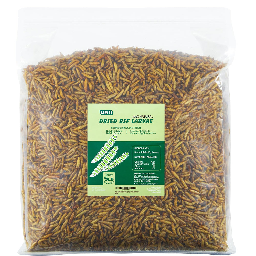 LIWII 5lb bag of dried BSF larvae for poultry and pets, showing a versatile feed option.