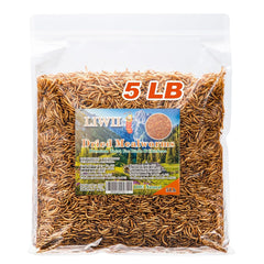 LIWII Dried Mealworms 5 lb bulk pack for birds and reptiles, protein-rich treat.