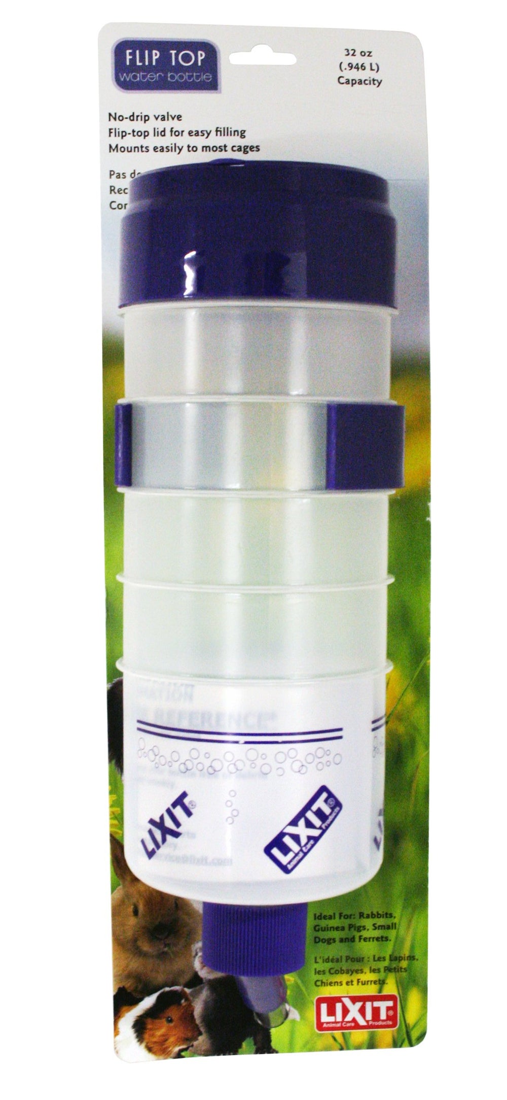 Lixit lever valve top-fill bottle for rabbits with no-drip design keeps cages dry