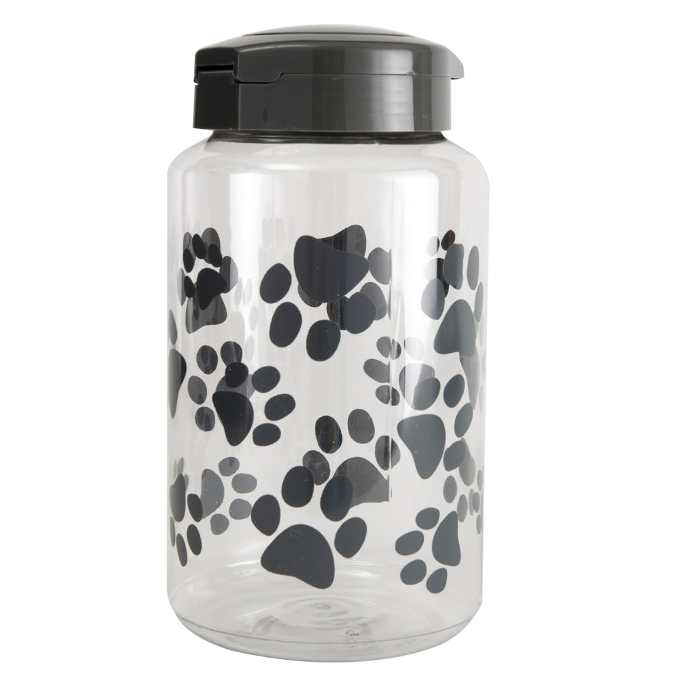 Lixit Paw Prints gray jar with paw-pattern lid keeps treats fresh.