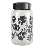 Lixit Paw Prints gray jar with paw-pattern lid keeps treats fresh.