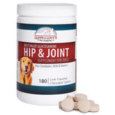 Lloyd & Lucy's hip and joint supplement bottle with chewables for dogs, supports joint comfort.