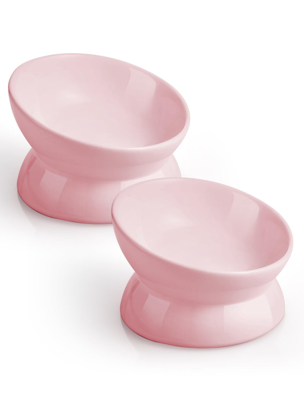 LoeJan elevated cat bowl tilted pink 2-pack for comfortable feeding posture.