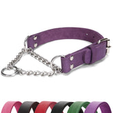 LOIIHEII martingale leather collar with stainless chain in purple, durable no-pull training.
