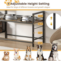 Lomivra adjustable-feeder stand showing compatibility with stainless steel and ceramic bowls.
