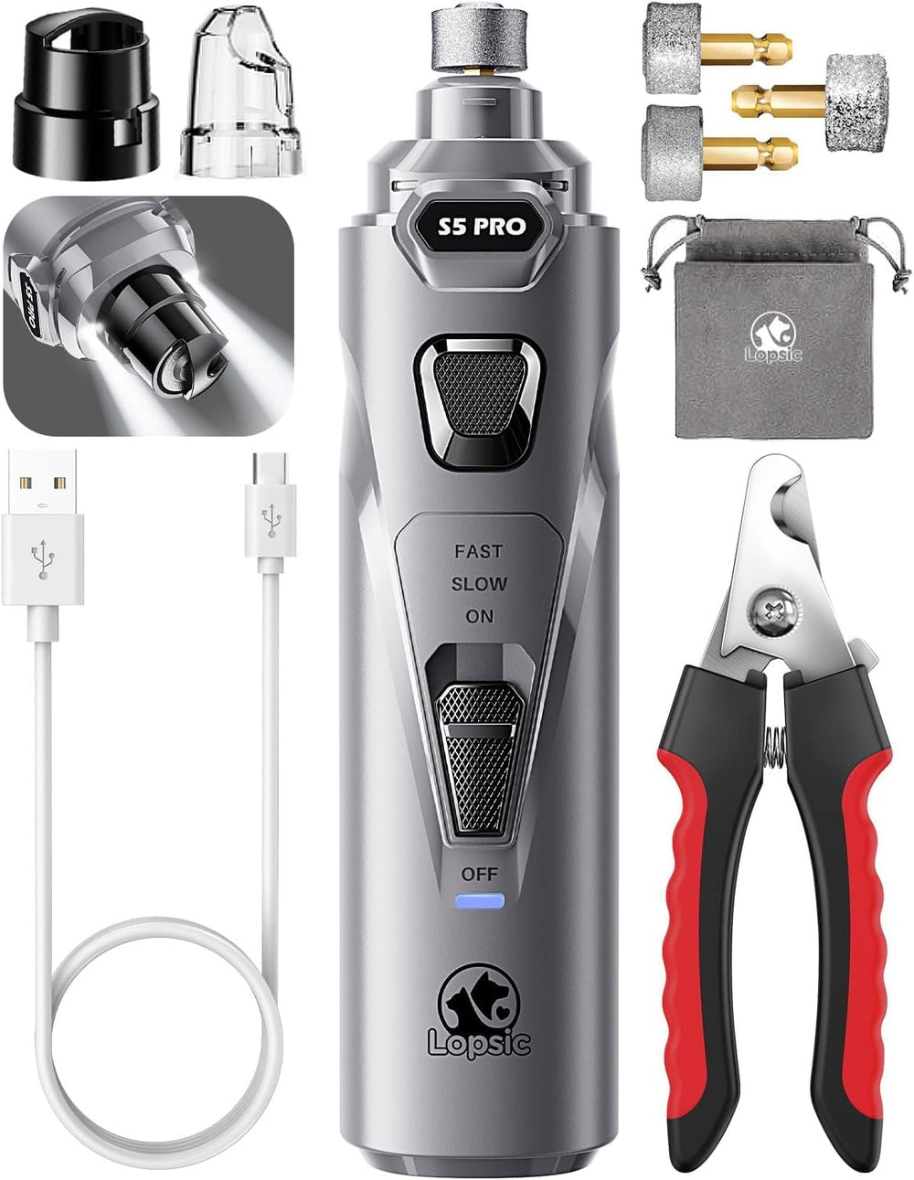 LOPSIC Whisper Quiet Nail Grinder with LED lights for calm at-home grooming